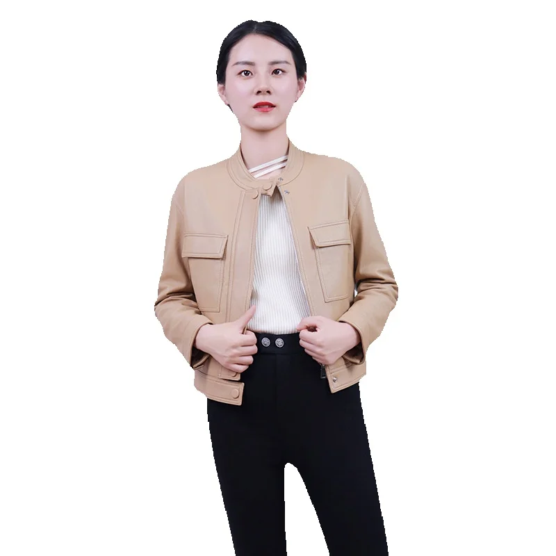 Spring New Sheepskin Women's Genuine Leather Coat Short Standing Collar Motorcycle Leather Jacket Casual Coat