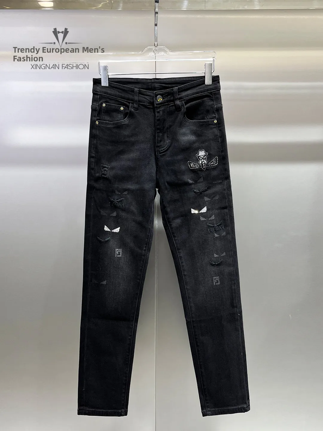 

Sli Embroidered Rhinestone Slim Fit Men's Jeans Casual Cotton Polyester Blend Anti-Wrinkle Resistant to Fading And Pilling