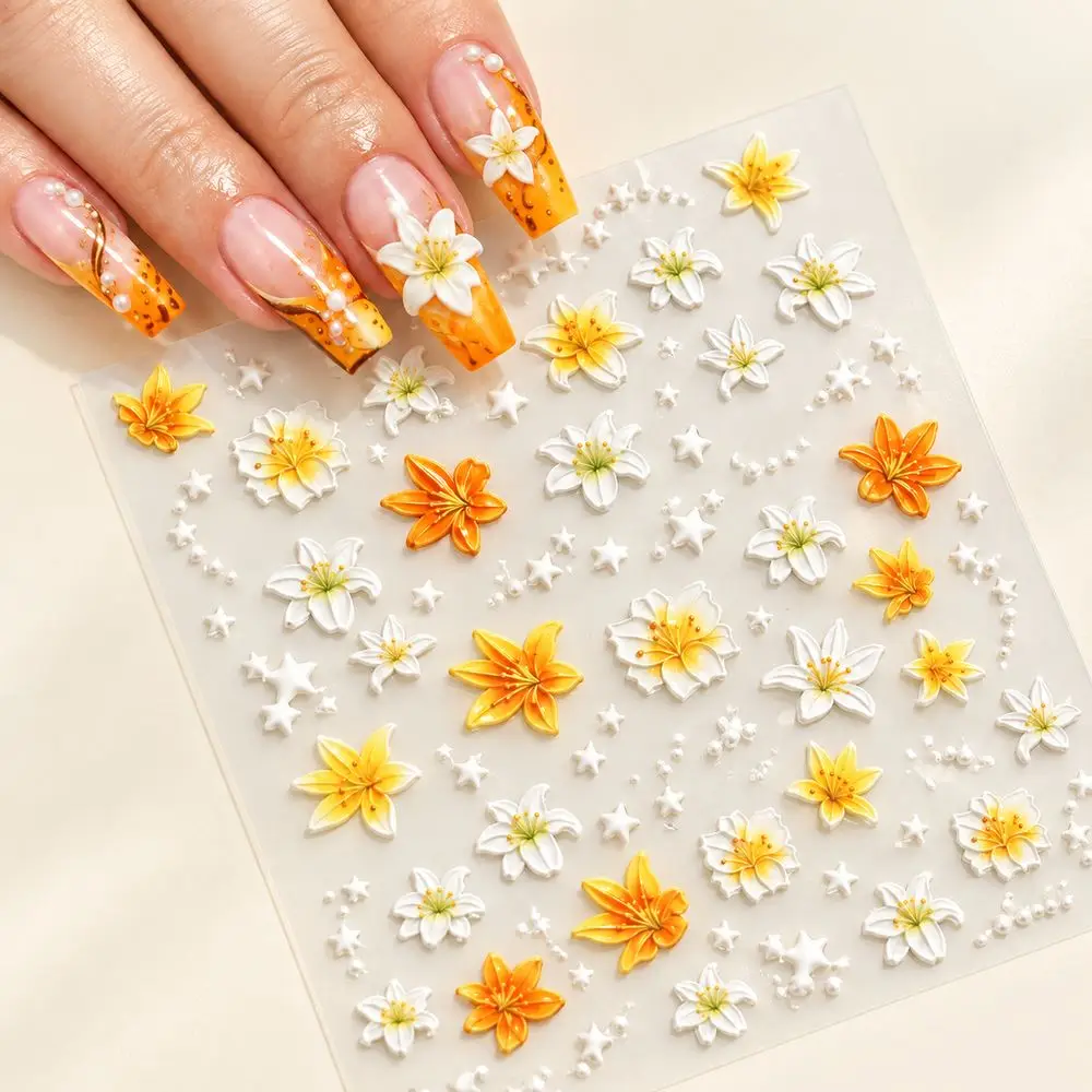 1Pc Hawaii Tropical Floral Lily Nail Art Stickers 5D Embossed Self Adhesive Flower Decals for Acrylic Nails Manicure Beauty