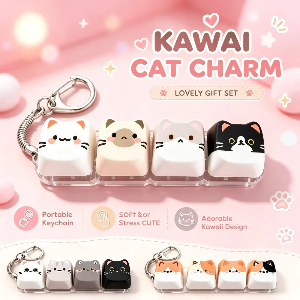 4-Keys Cat Fidget Keyboard Keychain Pressable Fidget Toy Kawaii Cat Mechanical Keycap Stress Relief Toy Backpack Pendant Gift