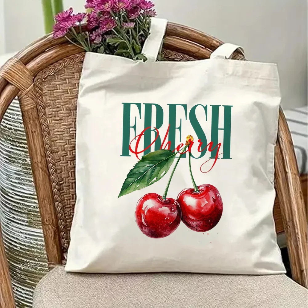 

Vintage Fresh Cherry Canvas Tote Bag Retro Fruit Graphic Print Aesthetic Shoulder Purse Reusable Grocery Shopping Bag