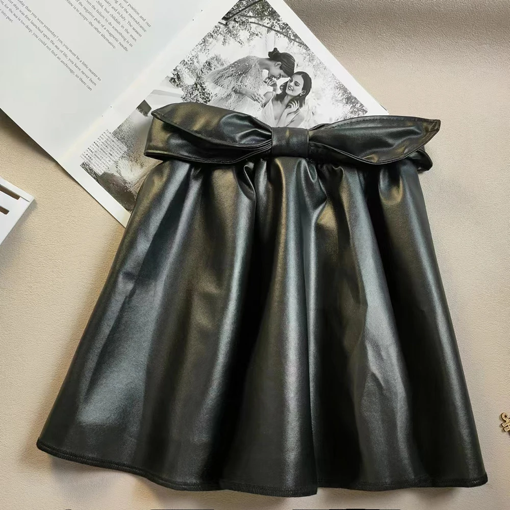 Girls Half Body Skirt Autumn and Winter Fashion Baby Black Leather Skirt Super Cool Princess Skirt Pleated Skirt Pu Short Skirt