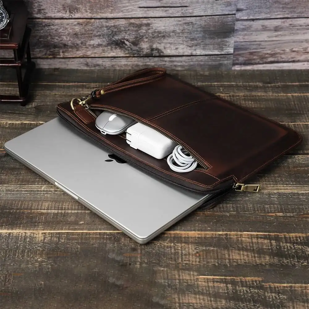 OUIO Vintage Crazy Horse Genuine Leather Laptop Sleeve Bag With Wrist Strap Zipper Pocket For MacBook Air 14.2 Inch