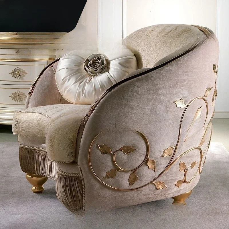 

Light luxury fabric sofa combination French retro living room solid wood carving flower sofa
