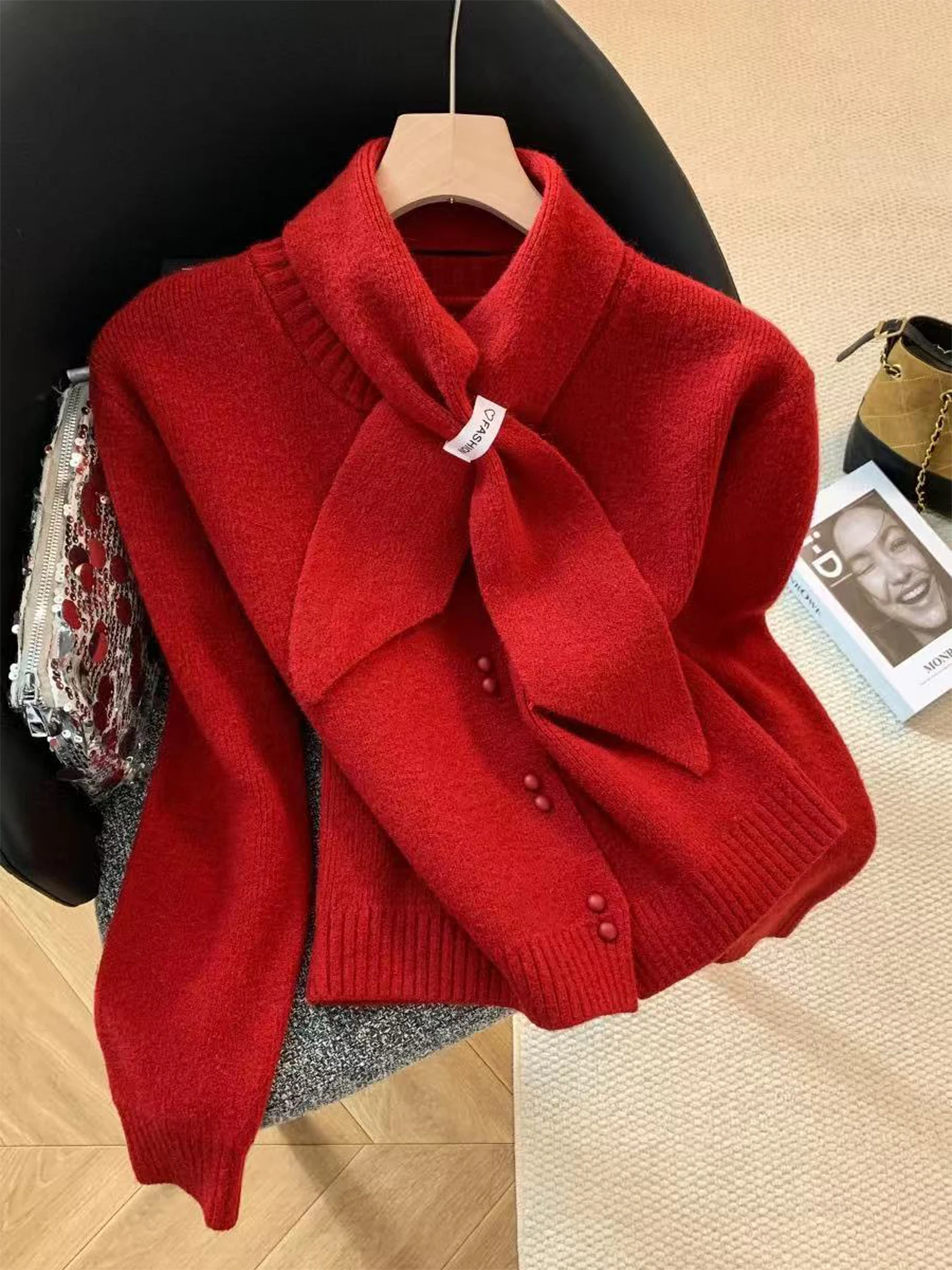 

Свитер Laid-ba Sle Red Knitwear: Новогодний универсальный топ для женщин, модный зимний высококачественный свободный крой, удлиненный фасон