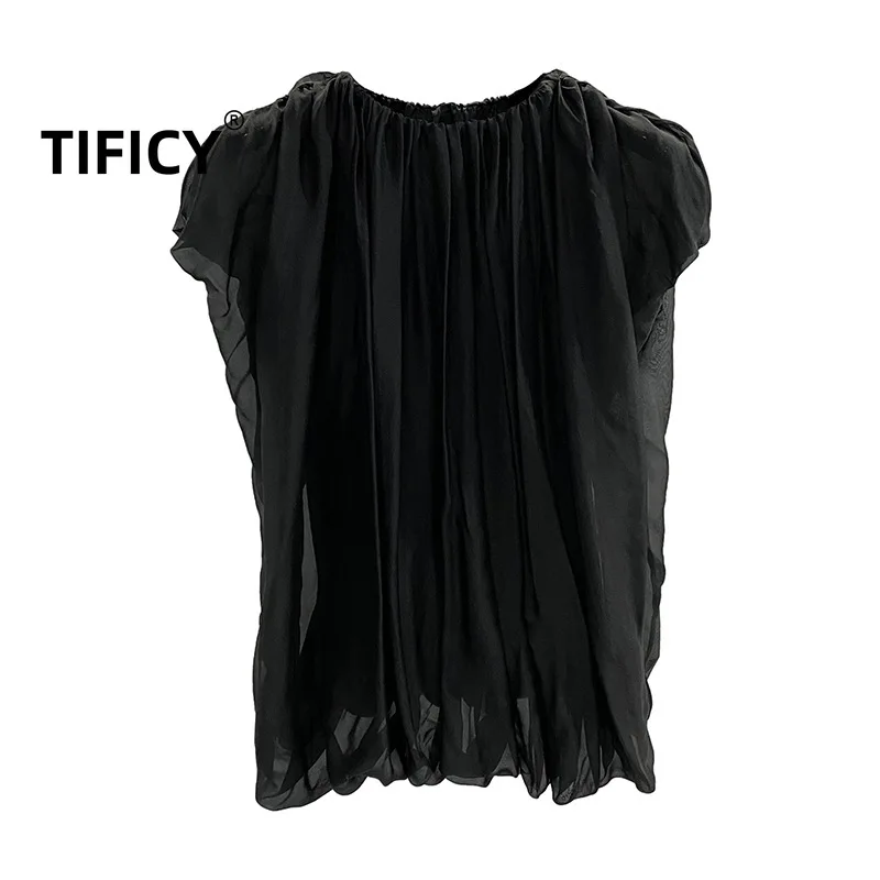 TIFICY High Street Tshirt donna nuova seta estate confortevole e alla moda a doppio strato a forma di lanterna Retro Dark t-shirt Top