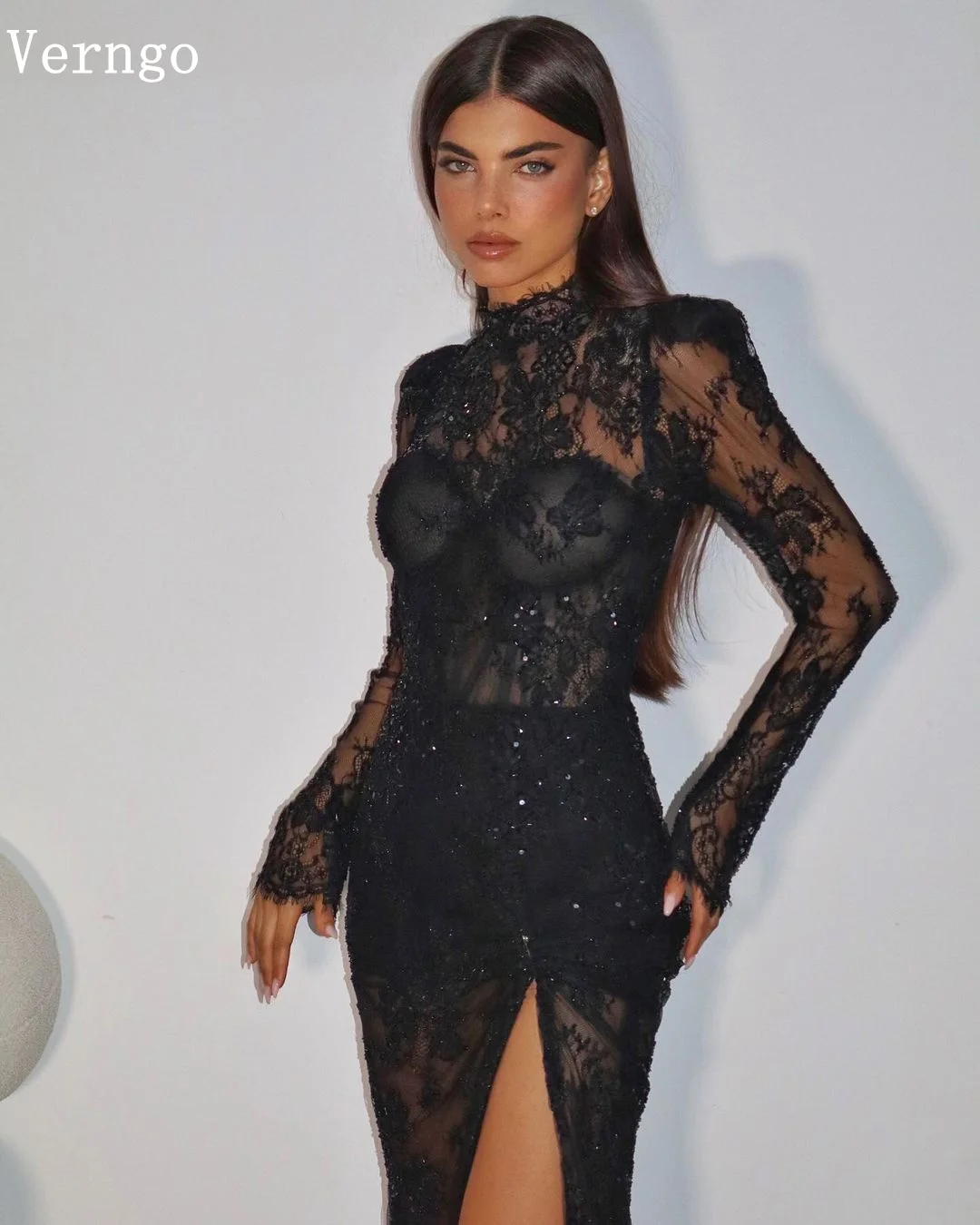 Verngo Black Lace Sequined Evening Dress High Neck Full Sleeves Sexy High Split Arabic Prom Gowns Backless Prom Dress Customized 3