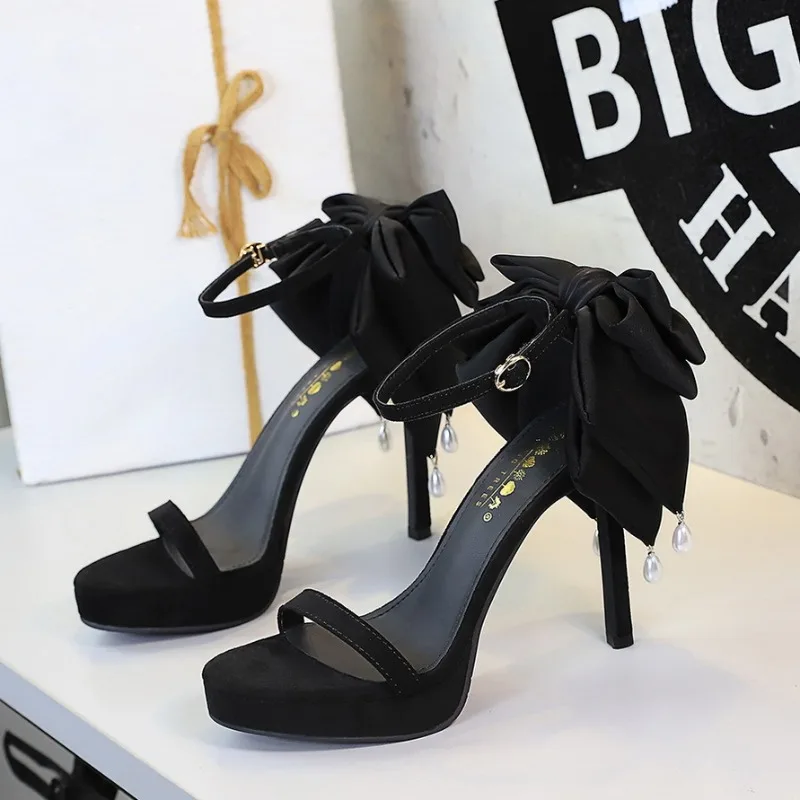 European Style Sexy Super High Heel Sandals Shoes For Women Pearl Bow Thin Heels Open Toe Outdoor Fashion Dress Shoes
