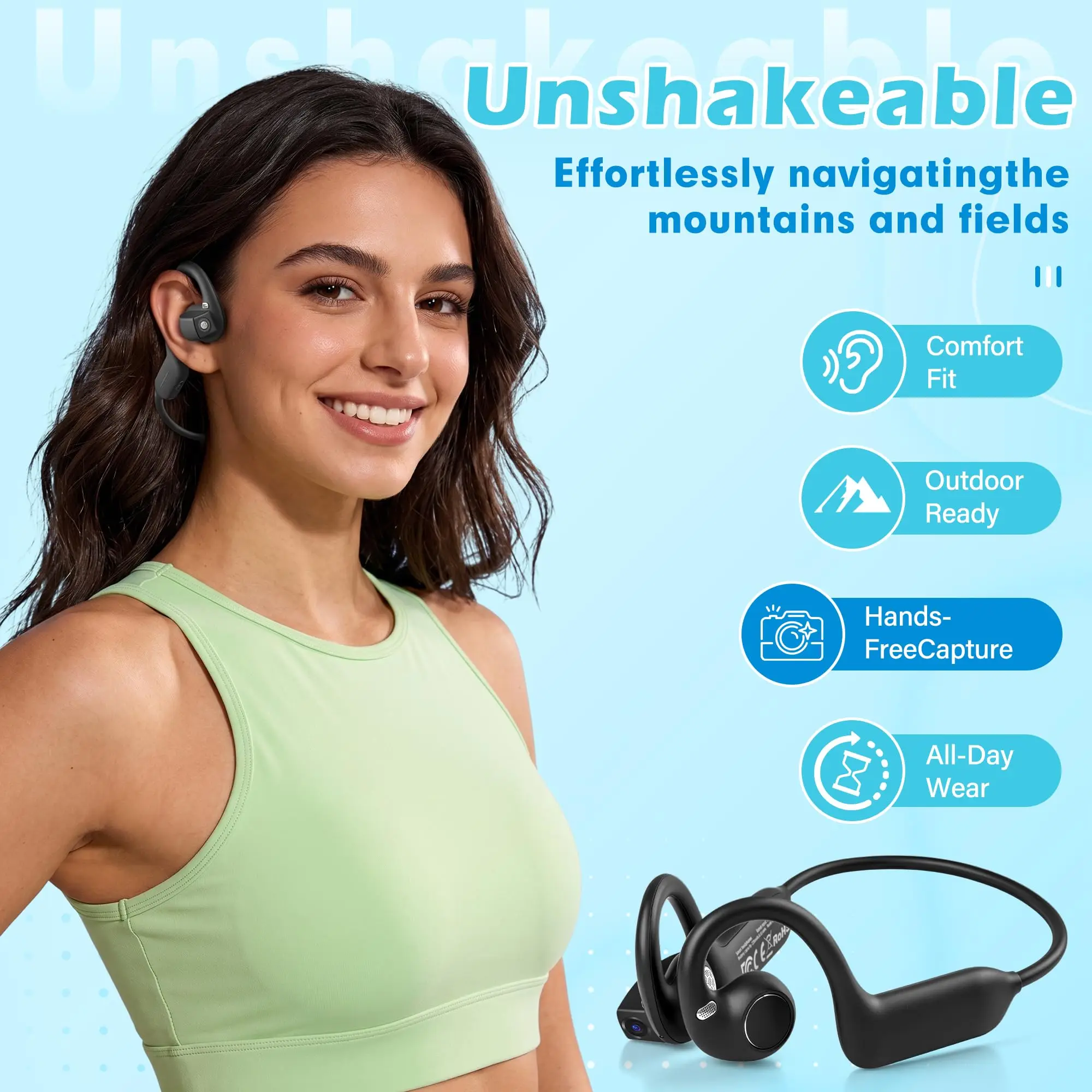 E12 Ear Hook Bone Conduction Headphones Open Ear Sports Earbuds with AI Translator HD Camera for Running Cycling Vlog Shooting view 3