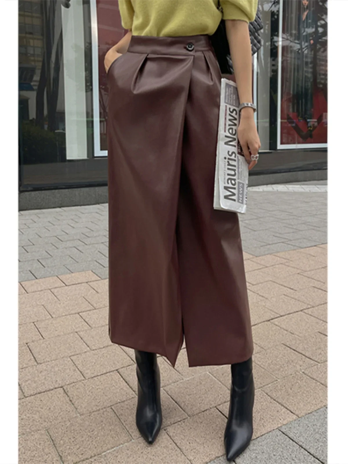 

Элегантная женская длинная кожаная юбка из искусственной кожи нестандартной формы, осень-зима 2022, свободные женские повседневные юбки-миди трапециевидной формы с высокой талией