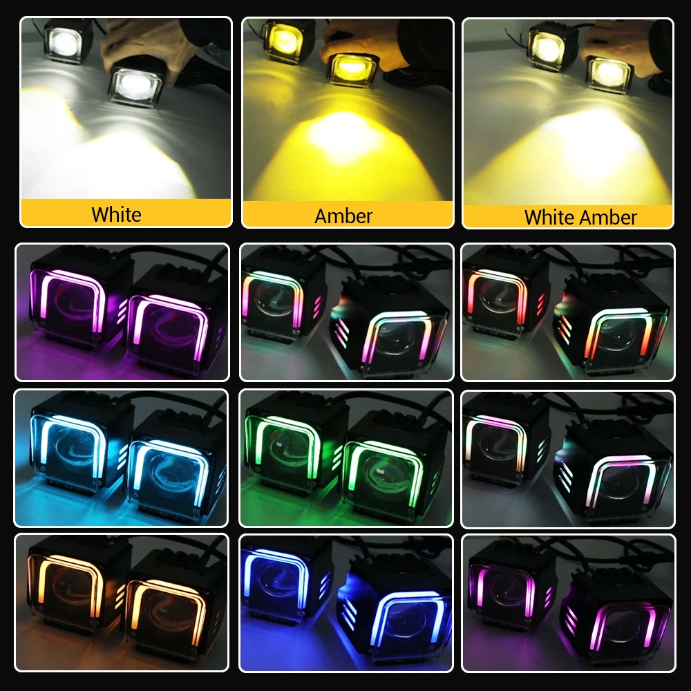 Additional Motorcycle Led Headlight with RGB Agle Eyes Mount Brackets Wire Harness Universal Front High Low Beam Spotlights 12V