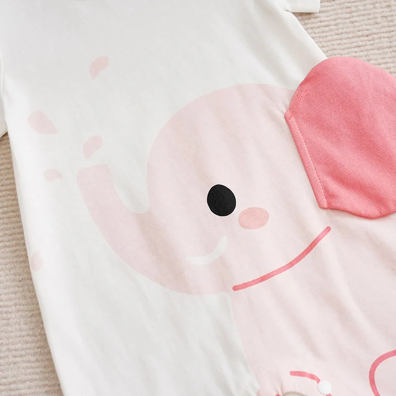 Baby Boys And Girls, Newborn Children\'s Clothing Cute Cartoon Pink Elephant Comfortable Cotton Short Sleeved Summer Jumpsuit