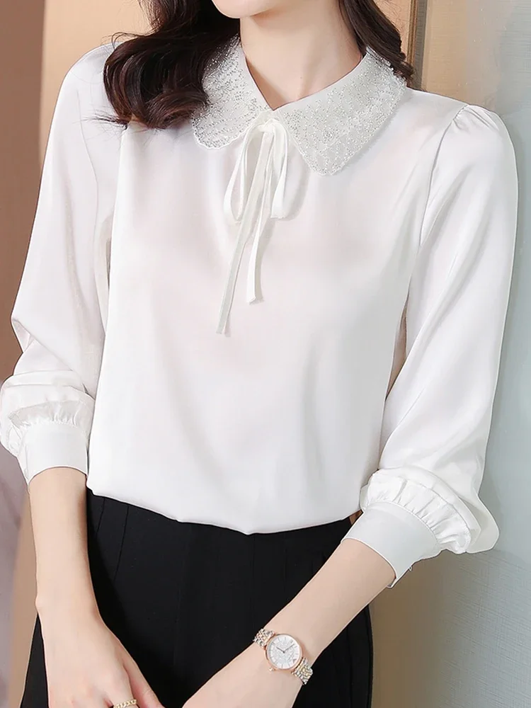 

Long Sleeve Blouse Women Beading White Chiffon Blouse Shirt Women Tops 2024 Blouses Femme Women Shirts LU17