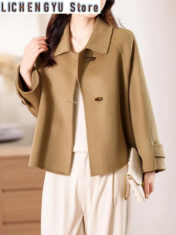 Merino Pure Wool Handmade Double-Sided Cloth Chic Coat Women's Short Oxhorn Button Heavy Coat High Street Elegant Top