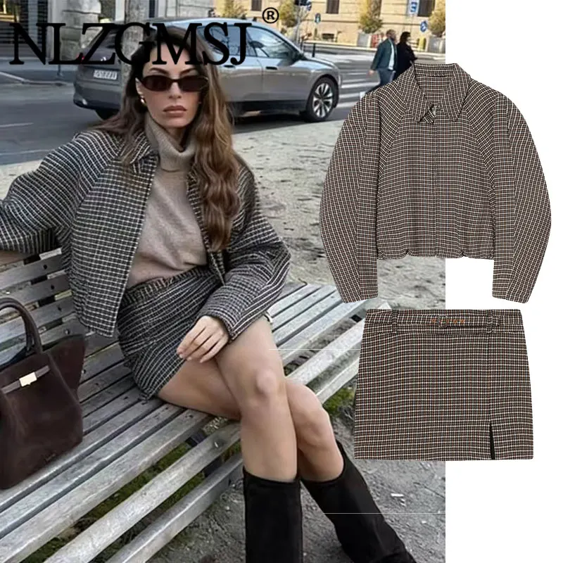 Nlzgmsj 2025 Herbst Lässig-Schickes Büro-Outfit für Damen: Karierte Jacke mit Reißverschluss und Karierten Miniröcken, Zweiteiliges Mode-Set