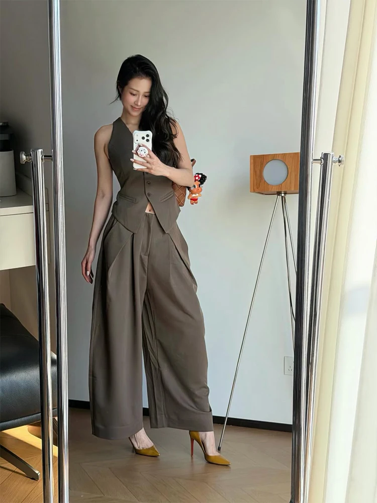 

Women Pants 2-piece Set Chic V-neck Sleeveless Button Vest High-waist Wide Leg Trousers Suits 2026 Lady Fashion Daily Outfits
