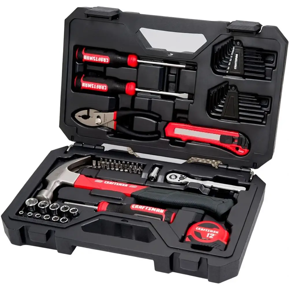 

57-Piece Home Mechanics Tool Kit with Sockets, Ratchet, Screwdrivers, Hammer, Pliers, Hex Keys, and Specialty Bits