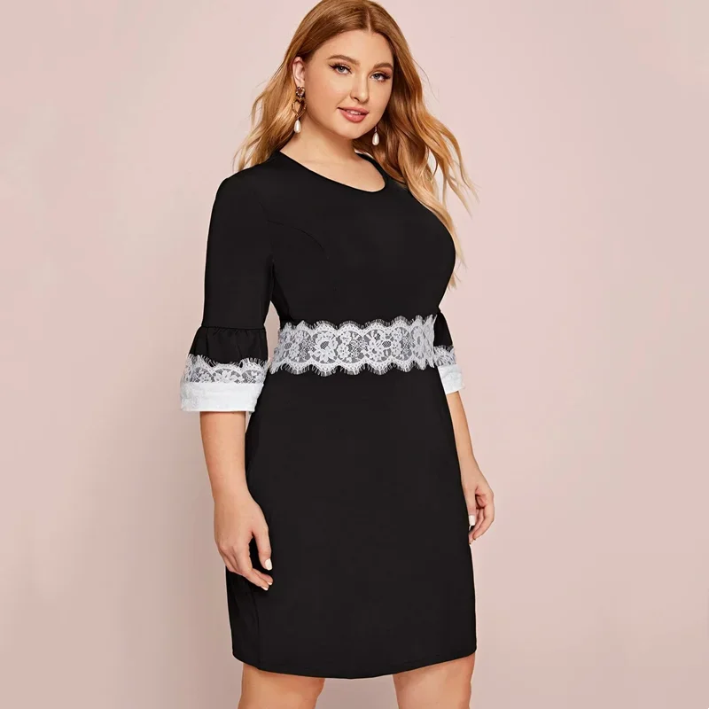 Plus Size Spring Autumn Elegant Party Dress Women 3/4 Sleeve Lace Panel Sheath Business Dress Large Size Black And White Dress