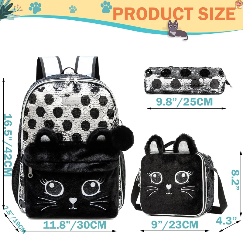 3PCS Cute Backpack for Girls School Kids Sequin Bookbag for Elementary Kindergarten Students with Lunch Box Pencil Case