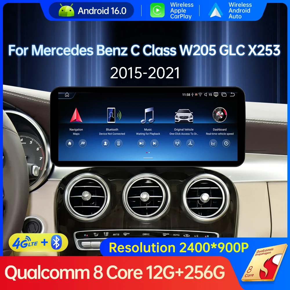 Android 16 For Mercedes Benz C Class W205 GLC X253 2015 - 2021 Mercedes Benz V-Class 2015 - 2019 Car Wireless CarPlay GPS 4G BT