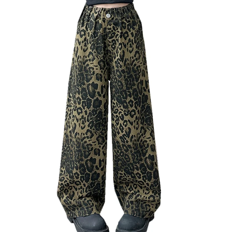 

Trendy Children Leopard Print Jeans For Girl Cool Streetwear Kids Fashion Leopard Pants Are Wide Leg Denim Street Trousers 5-14T