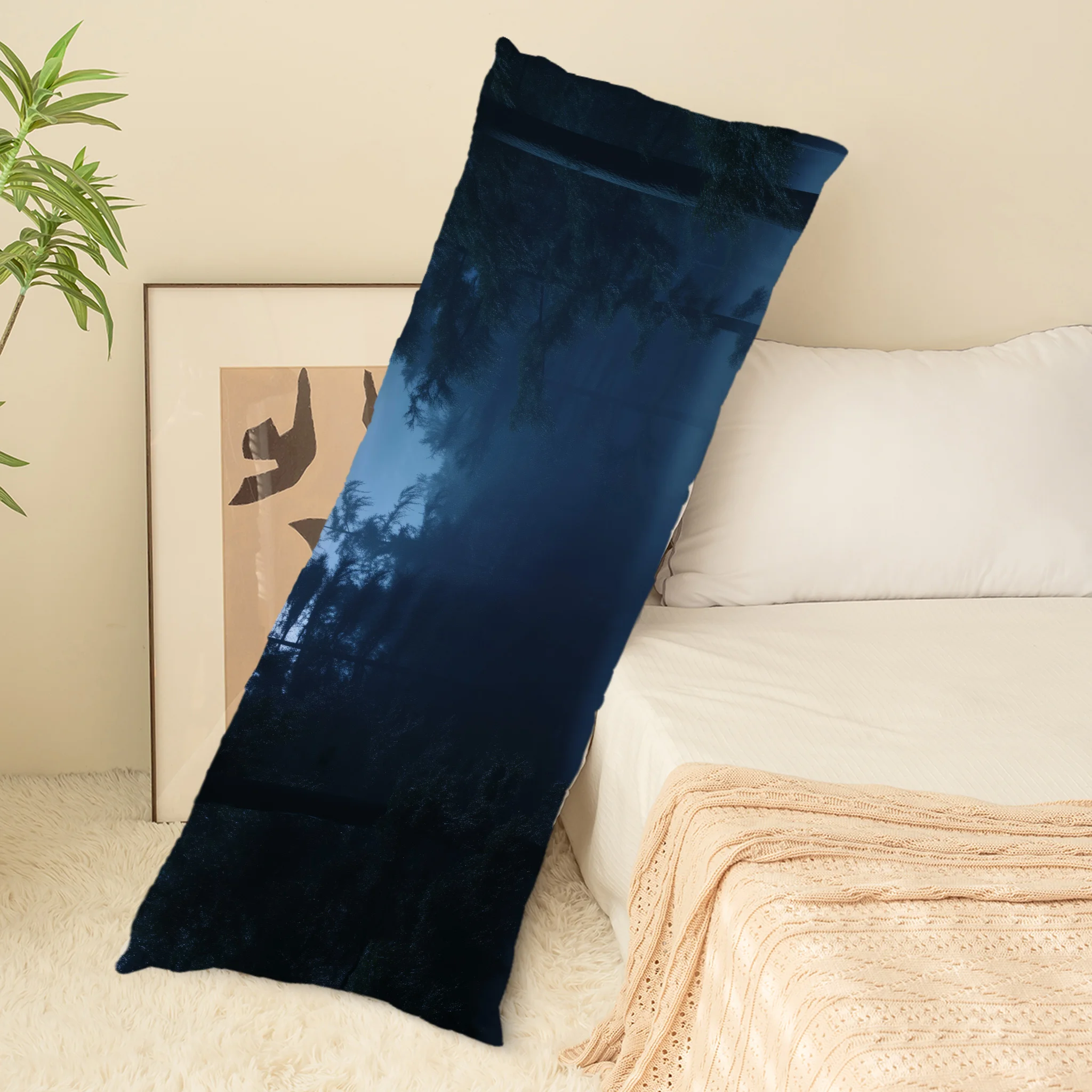 1pc Romantic Moonlight Forest Printed Long Pillowcase - Tranquil Night Sky And Tree Design, Zipper Closure, Hand Wash Solely, Po