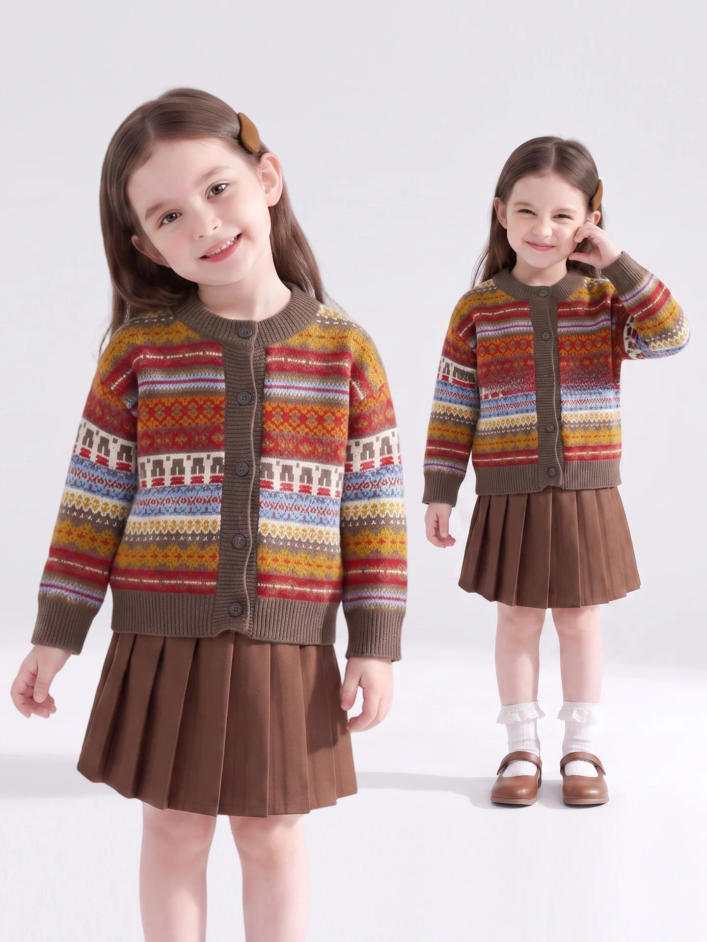 retro-sweet-girl's-knitted-cardigan-autumn-winter-polyester-cotton-blend-warm-soft-comfortable-floral-patterned-children's-sw