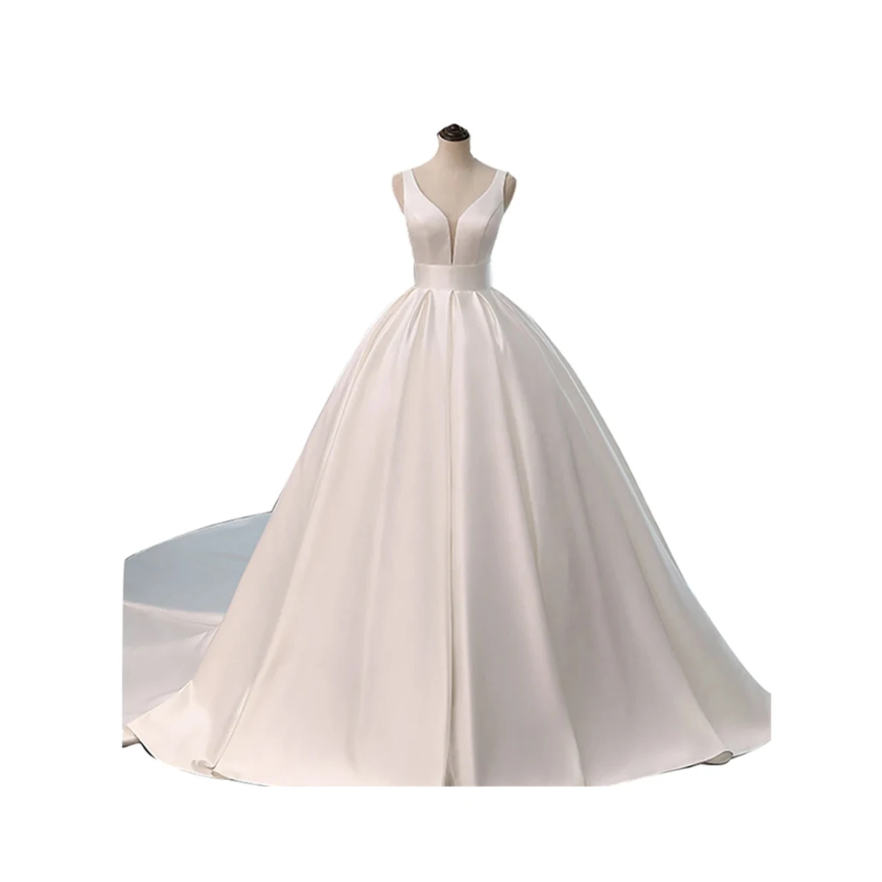 Elegant White Satin Wedding Gown With V-Neck Halter Sleeveless Train Dress Halter Up Ball Gown