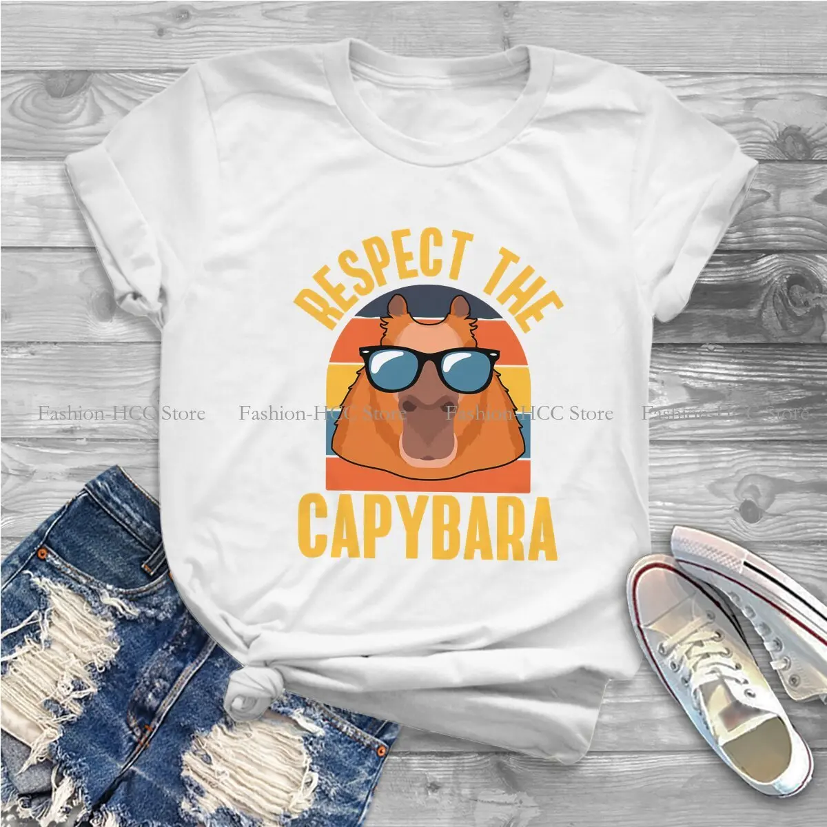 Respect The Capybara Round Collar Polyester TShirt  Classic T Shirt Women Clothes Fashion