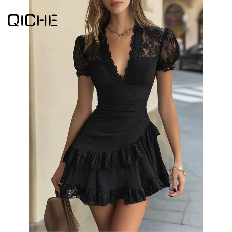 QICHE 2026 Women Solid Black Irregular Ruffle Mini Dress, Sexy Deep V Ruched Waist Lace Puff Sleeve Slim Fit Y2K Dress