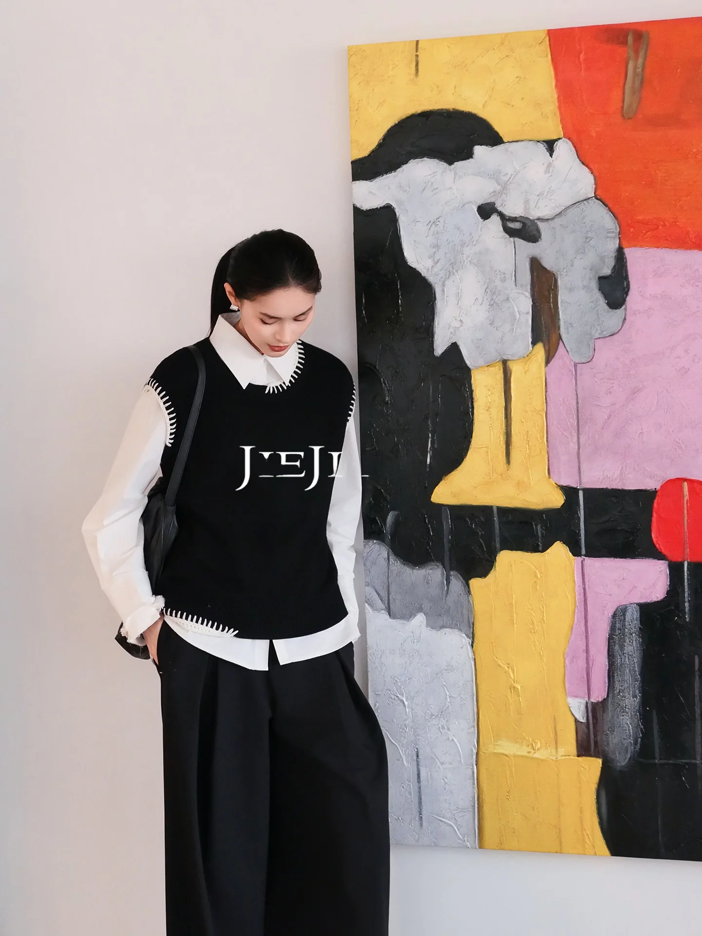 

Вязаный жилет-пуловер JIEJI Zhang Spring Bla с круглым вырезом, вставками и ребристой отделкой, женская верхняя одежда, мода, Китай