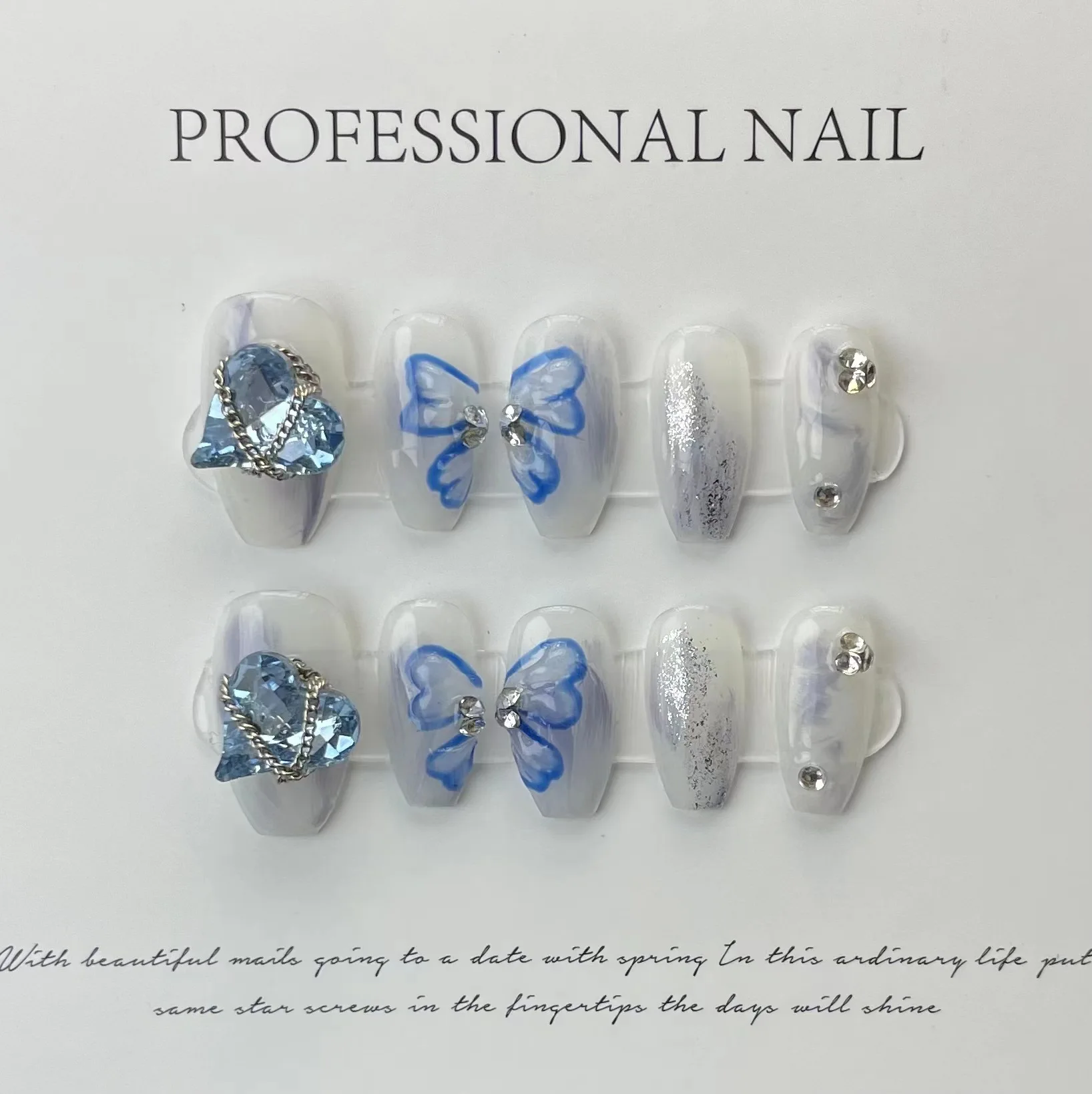 Handmade Press On Nails Ice Blue Butterfly Luxury High-end Versatile Elegant False Nails Artificial Manicure Wearable Nail Tips