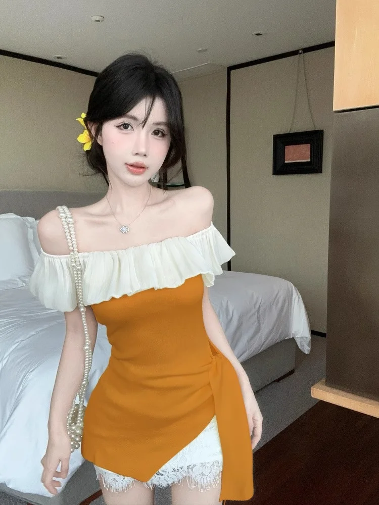 

Summer Ruffled Slash Neck Irregular Tops for Women Pure Desire Yellow Short Sleeved Slim T-shirt Off Shoulder Beautiful Shirts