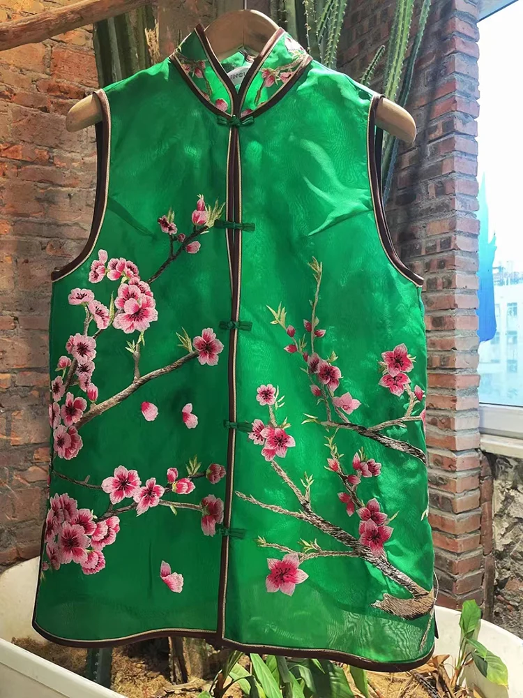 Green Silk Organza Vest Women's Summer New Chinese Style Stand Collar Embroidered Retro Single-Breasted Sleeveless Jacket  M-XXL