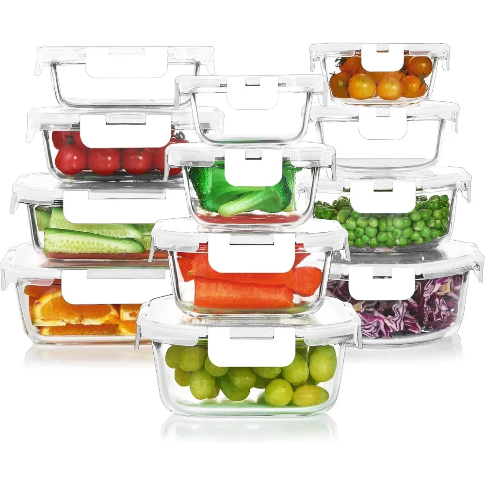 

24-Piece Glass Food Storage Containers Set, Airtight Stackable for Freezer Microwave Oven Safe in White