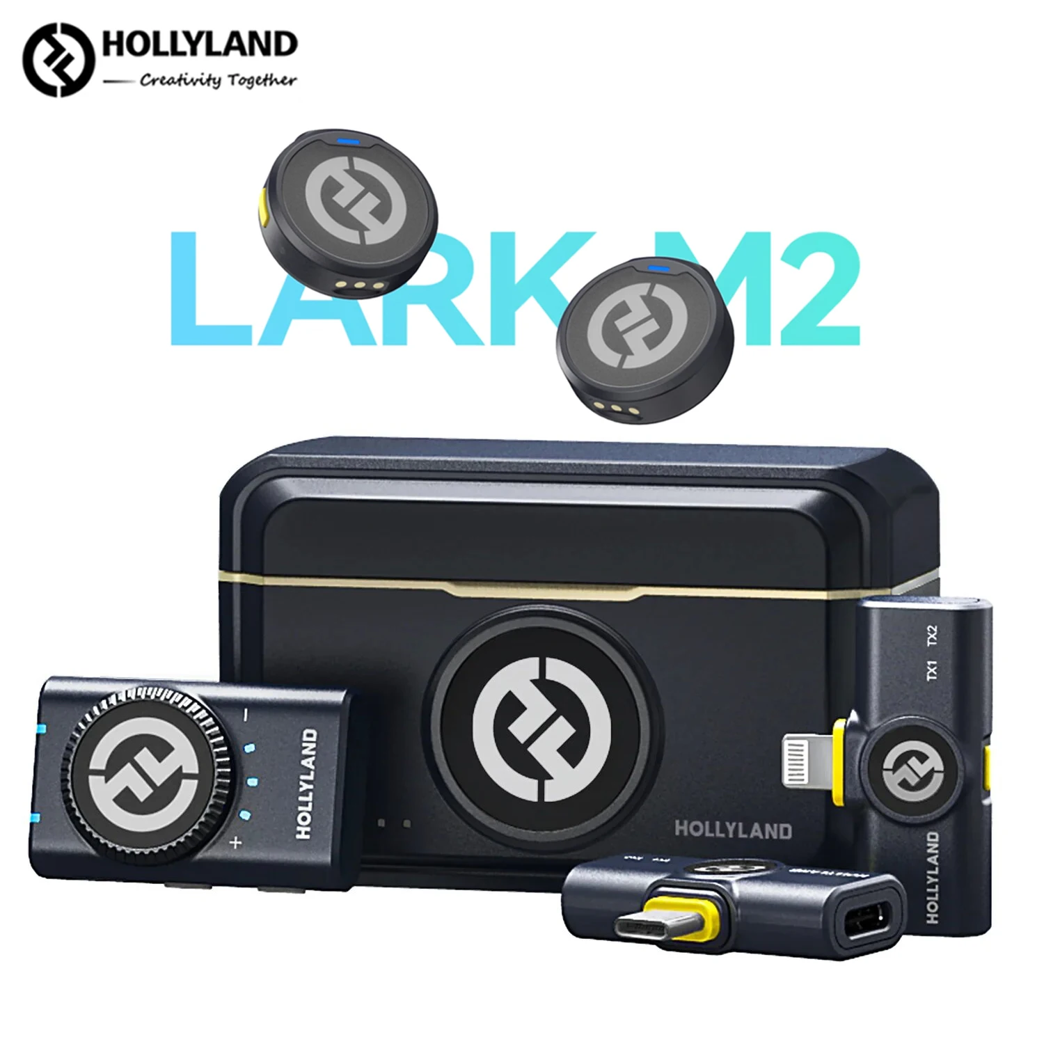 ميكروفون Hollyland Lark M2 اللاسلكي Lavalier لكاميرا iPhone بمدى 300 متر وإلغاء الضوضاء بطارية 30 ساعة للتصوير الفوتوغرافي مدونة فيديو