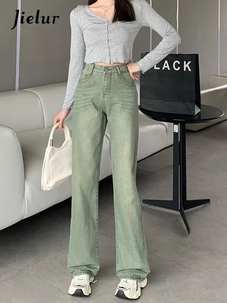 

Jielur American High Street Straight Leg Jeans Female Vintage High Waist Slim Chic Women Jeans Green Fashion Street Woman Pants