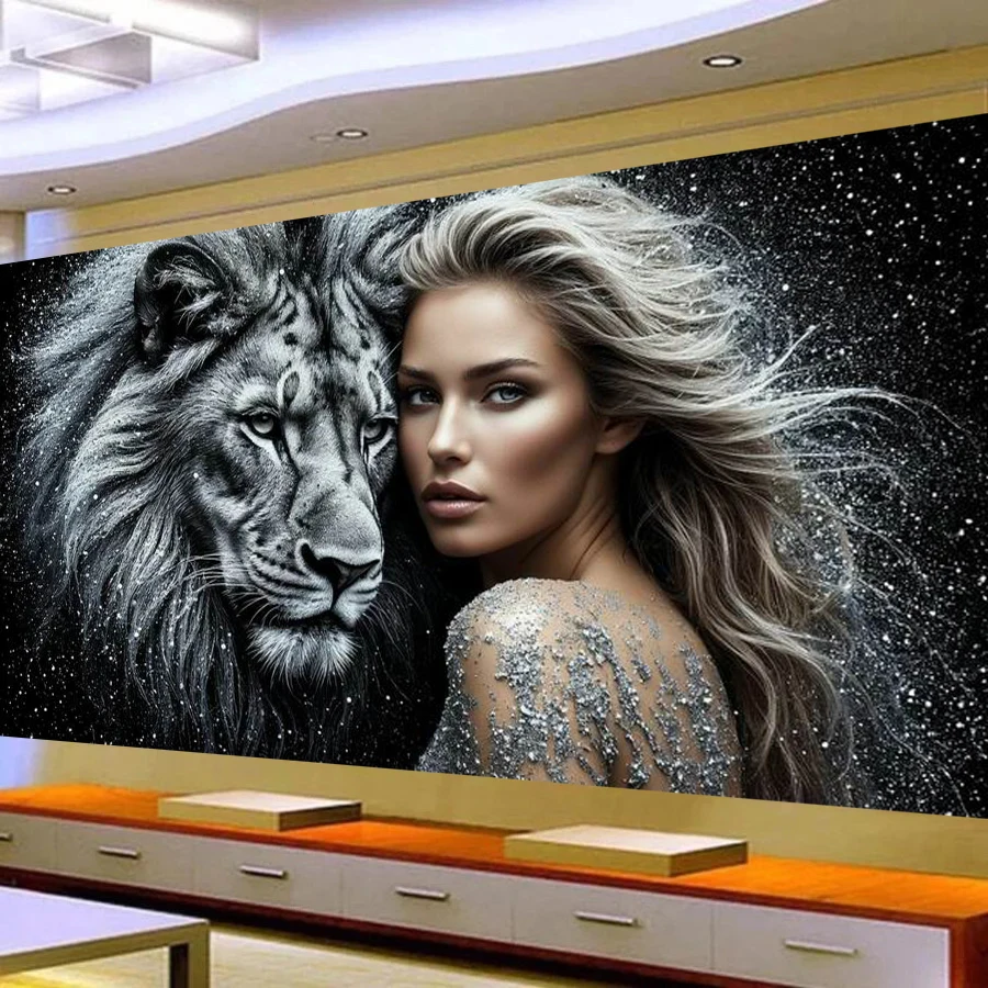 

Fullcang черно-белый лев и женщина большой Diy алмазная живопись животные полная дрель мозаика вышивка картина размер 200x100 см