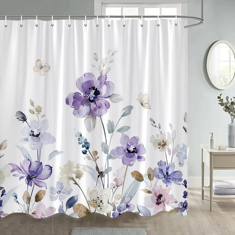 Floral Shower Curtains Watercolour Blue Purple Flowers Butterfly Leaves Plant Bath Curtain Polyester Bathroom Decor with Hooks