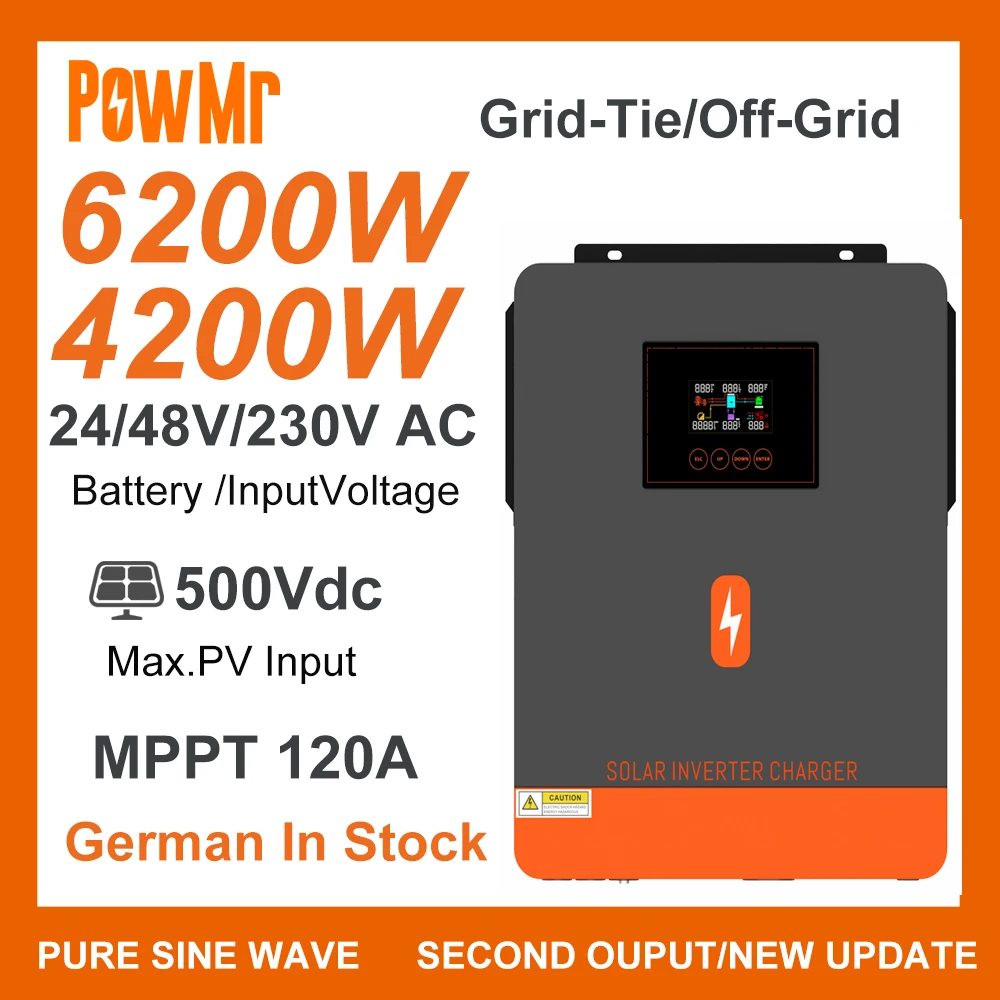 EU US 4.2KW 6.2KW On-Grid Pure Sine Wave Solar Inverter DC 24V 48V 220V AC MPPT 120A Solar Charge Panel Max PV Power 6200W/6500W