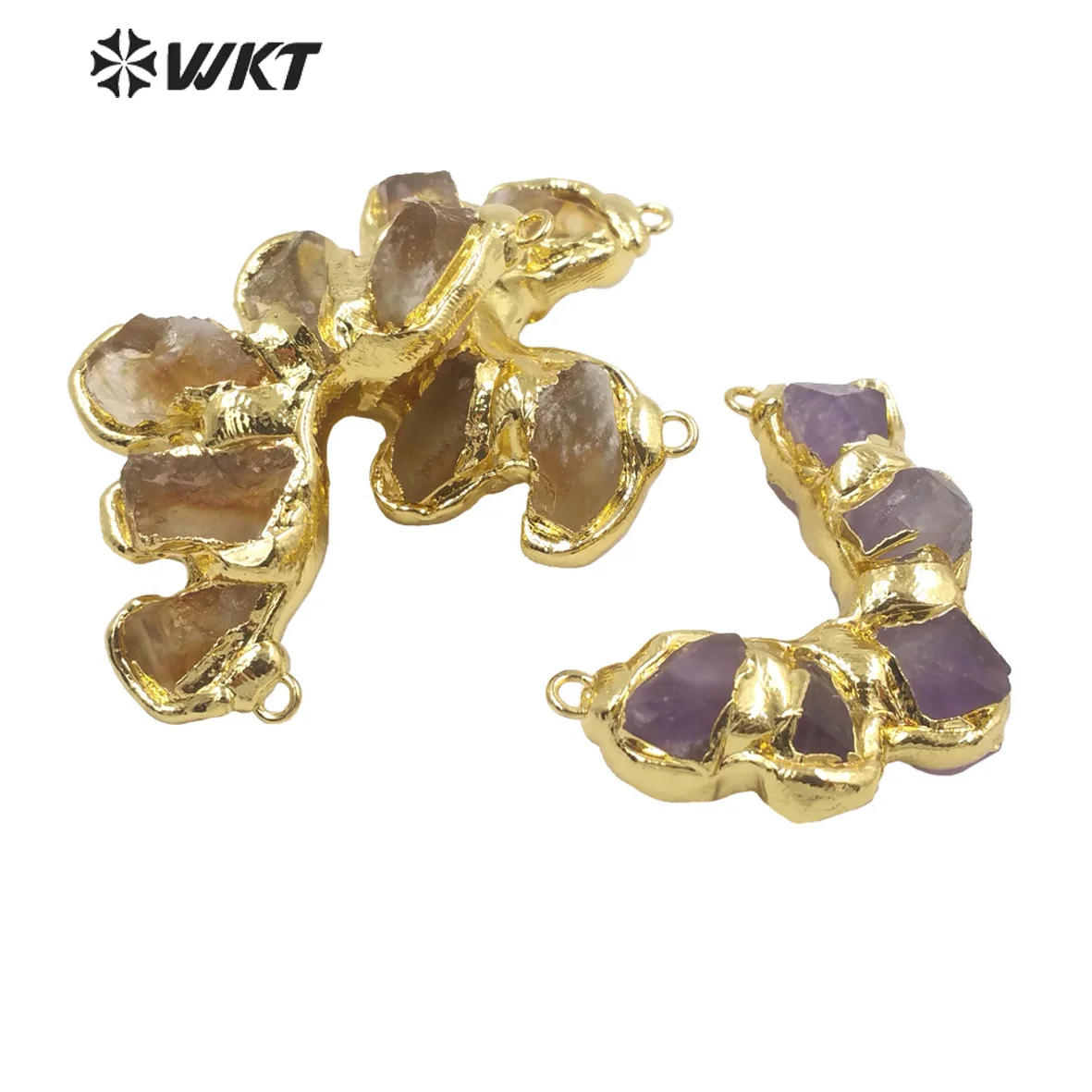 WT-C313 Amazing Handmade Natural Raw Amethyst And Yellow Citrine Quartz Gold Double Loops Stone Statement Connector