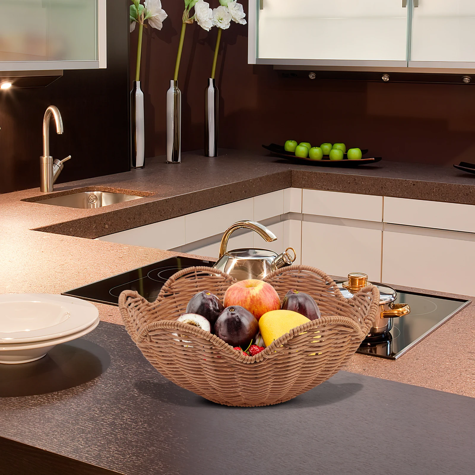 

1pcs Fruit Basket Woven Imitation Rattan Snack Storage Basket For Kitchen Home Party Serving Bread Container Dried Fruit Holder