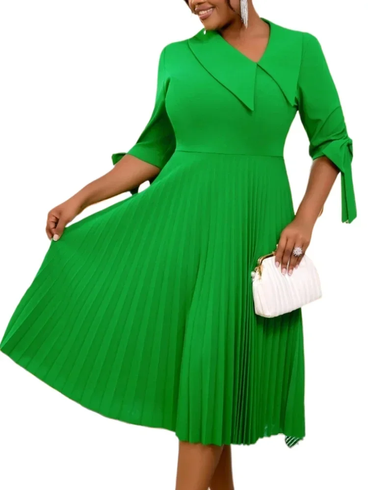

Вечерние платья трапециевидной формы миди, элегантные церковные платья для женщин, зеленые плиссированные платья с неровным воротником и половиной рукава с бо