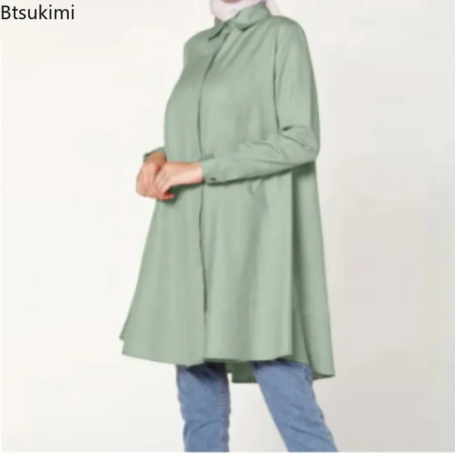 2025 Muslim Fashion Abayas for Women Oversized Solid Loose Casual Cardigan Lapel Button Tops Ladies Modest Blouses Elegant Shirt