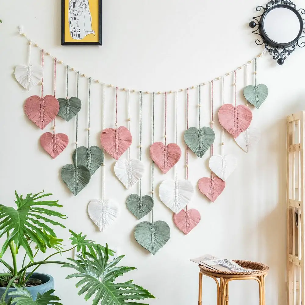 Handwoven Tapestry Wall Decorative Tassel Photo Stream Nursery Background Wall Bedroom Wall Art Nordic Style Cotton Heart Pat...