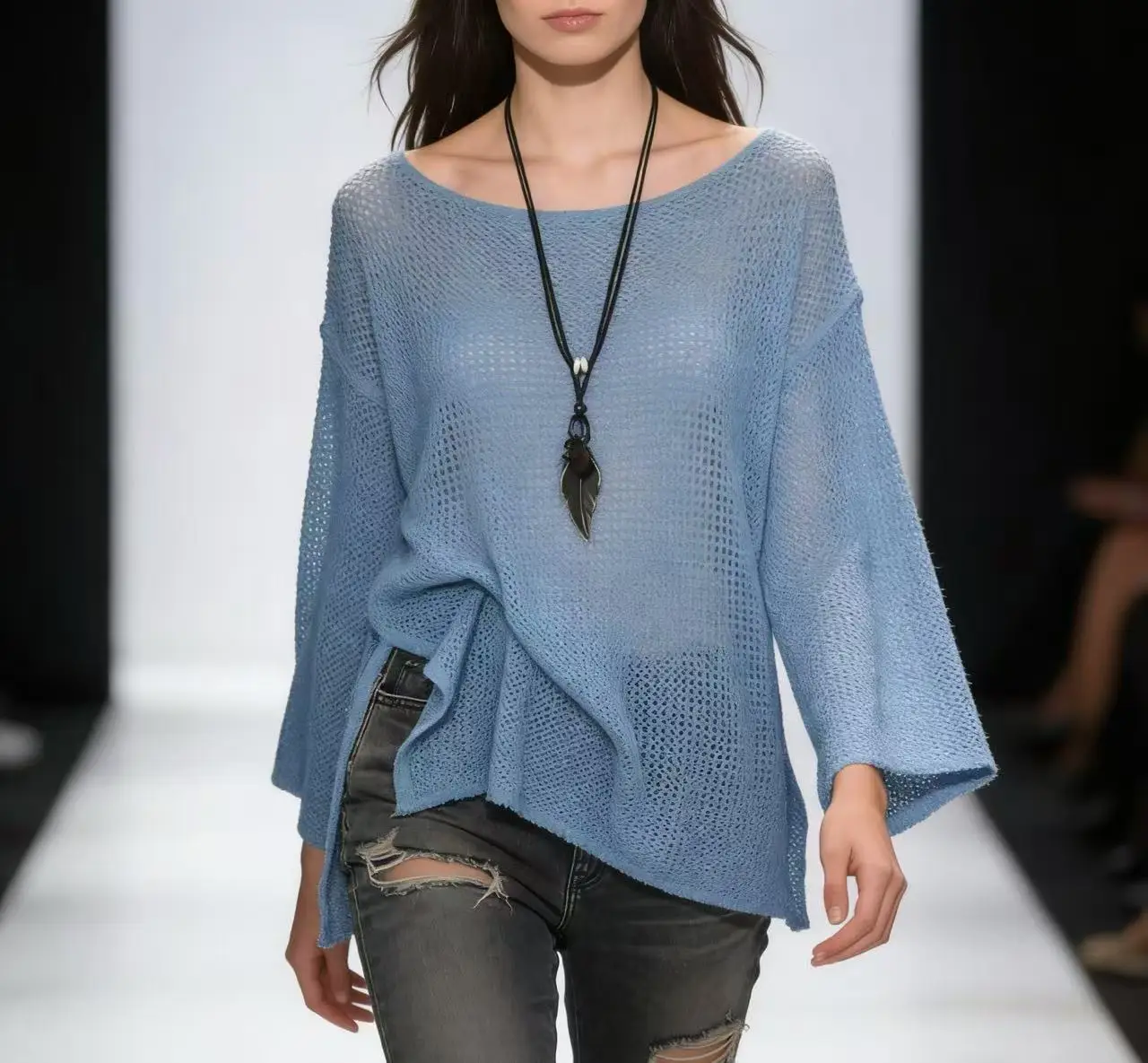 

plus Size One-Shoulder Flared Sleeve Design Casual Split Hollow Knitted Cover up Top for Women