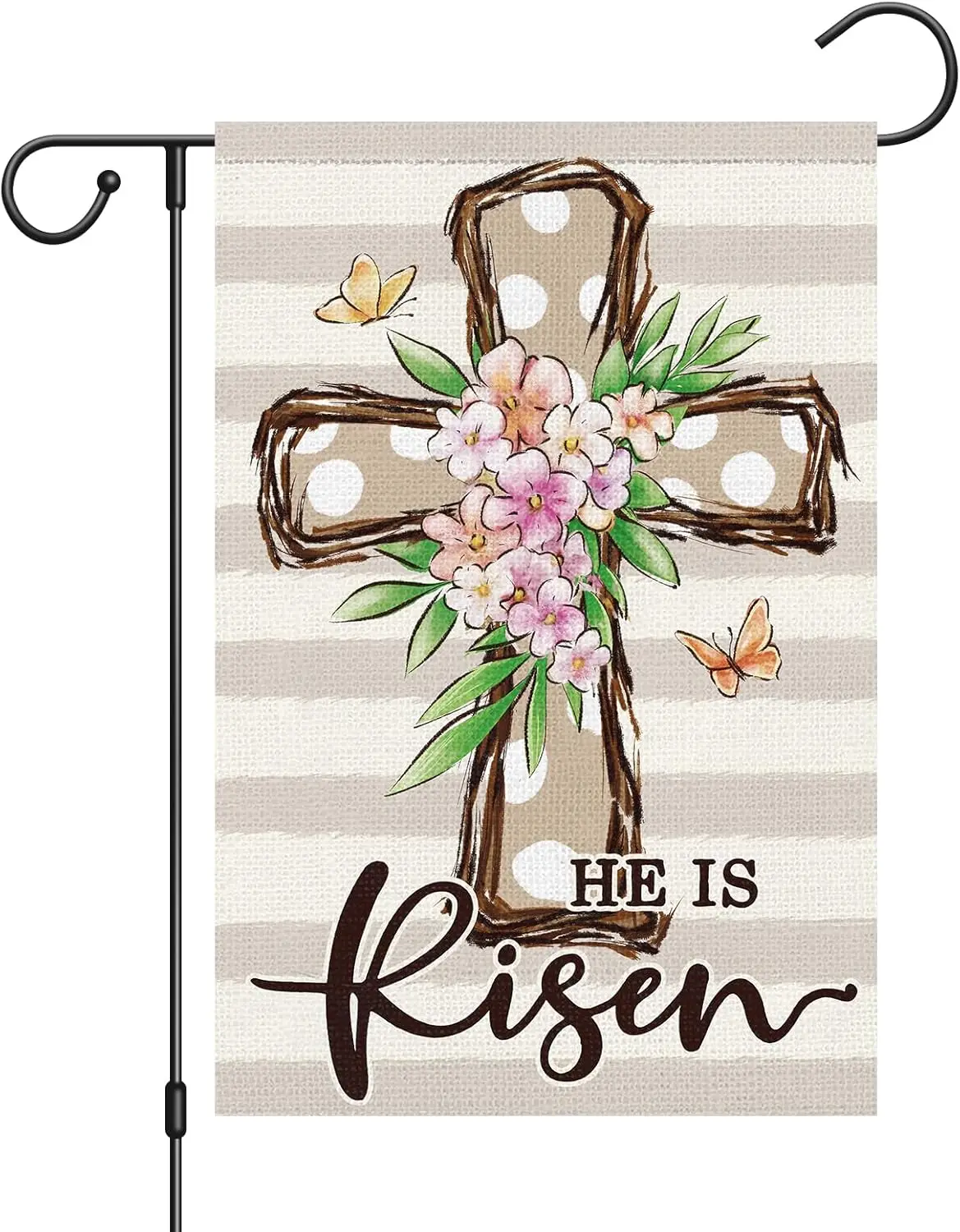 Louise Maelys Easter Cross Garden Flag 12x18 Double Sided Burlap, Small Vertical He is Risen Easter Floral Garden Yard Flags YYX