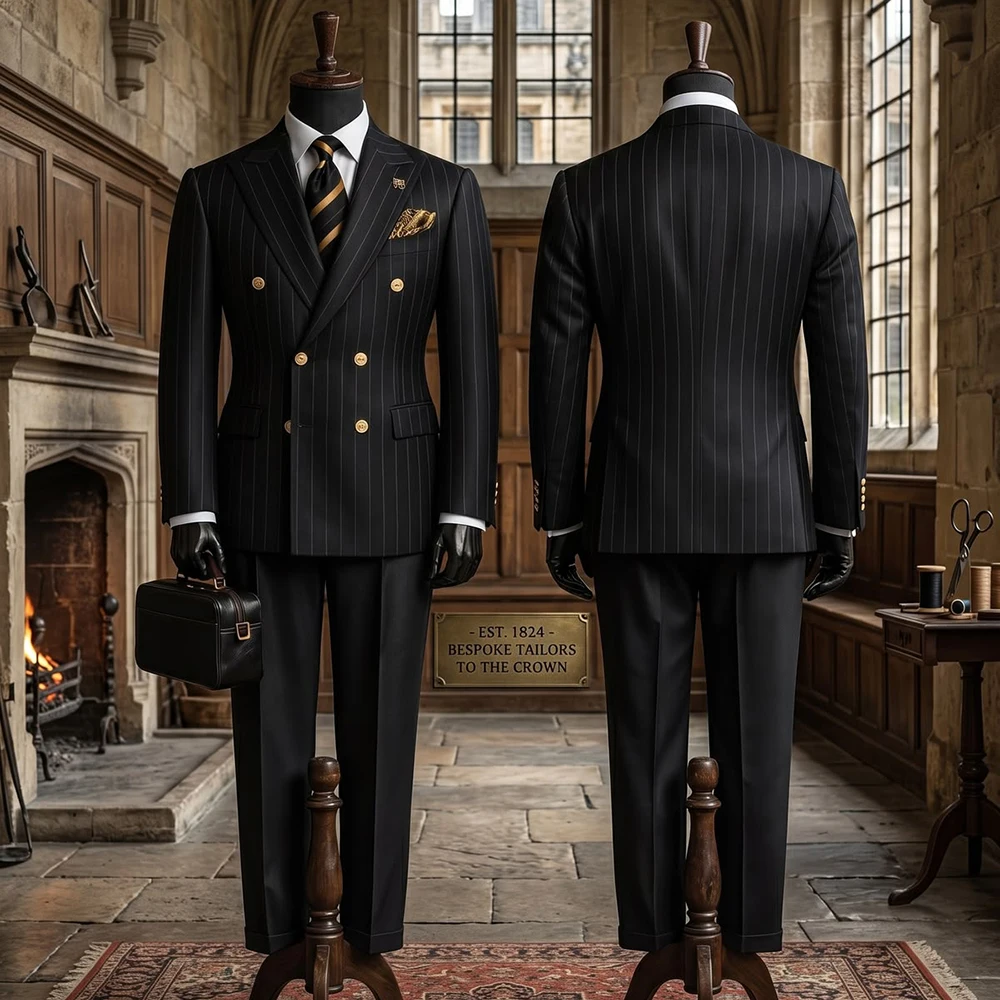 Bespoke Tailored Men Black Pinstripe Suit Double Breasted 2 Pieces Jacket Pants Full Set Formal Business Wedding Groom Outfit