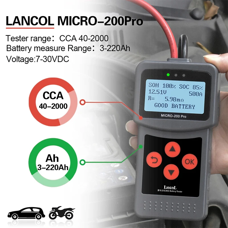 Micro200 Pro Car Battery Tester 12V 40-2000CCA Lead Acid Battery Analyzer Cranking Test Charging Test Diagnostic Tool