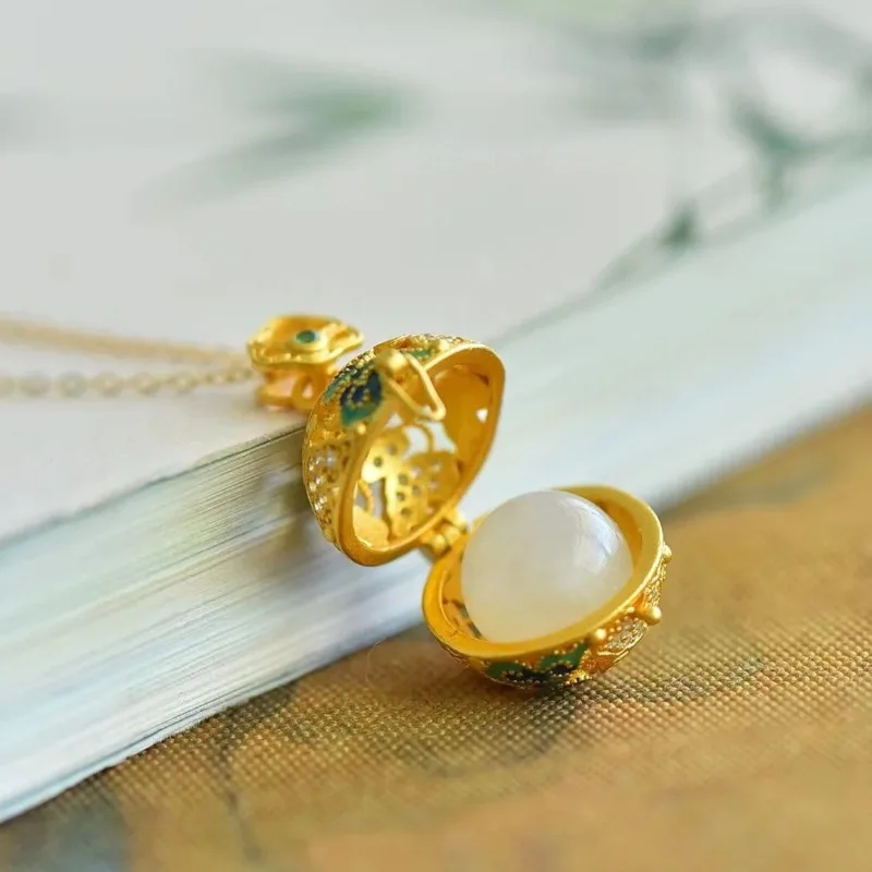 Modern Chinese Style Openwork Burnt Enamel Openable Auspicious Clouds Embossed Pomander Pendant Traditional Craft Necklace Gift